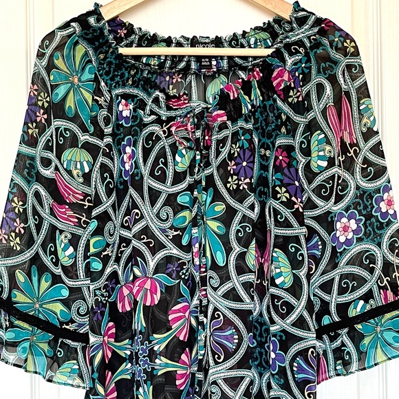 Nicole Miller Black Boho Floral Peasant Blouse Multi-Colour Sz M Renaissance Y2K - Picture 2 of 15